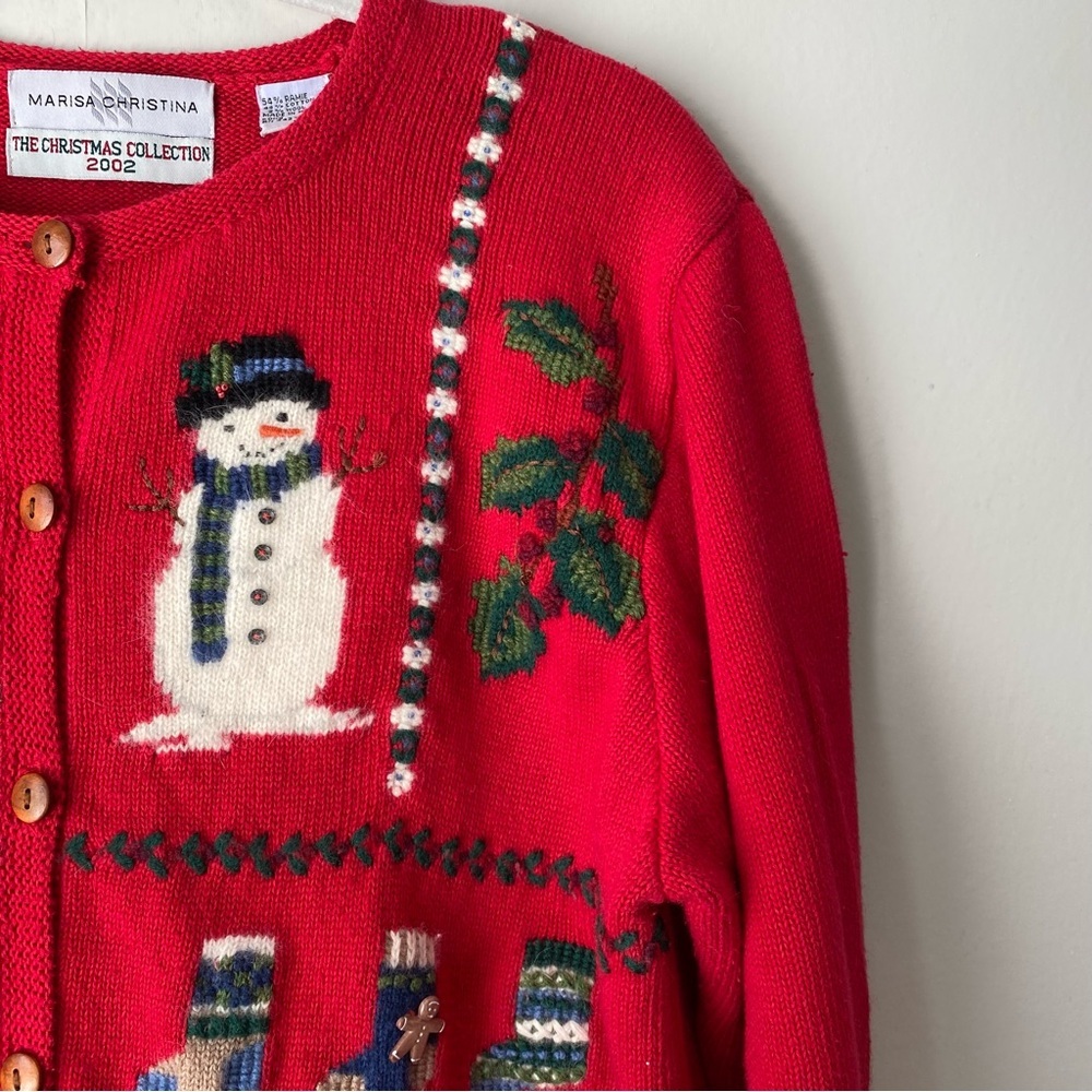 Vintage Y2K Embroidered Christmas Cardigan Knit Sweater Red Large - Picture 4 of 11